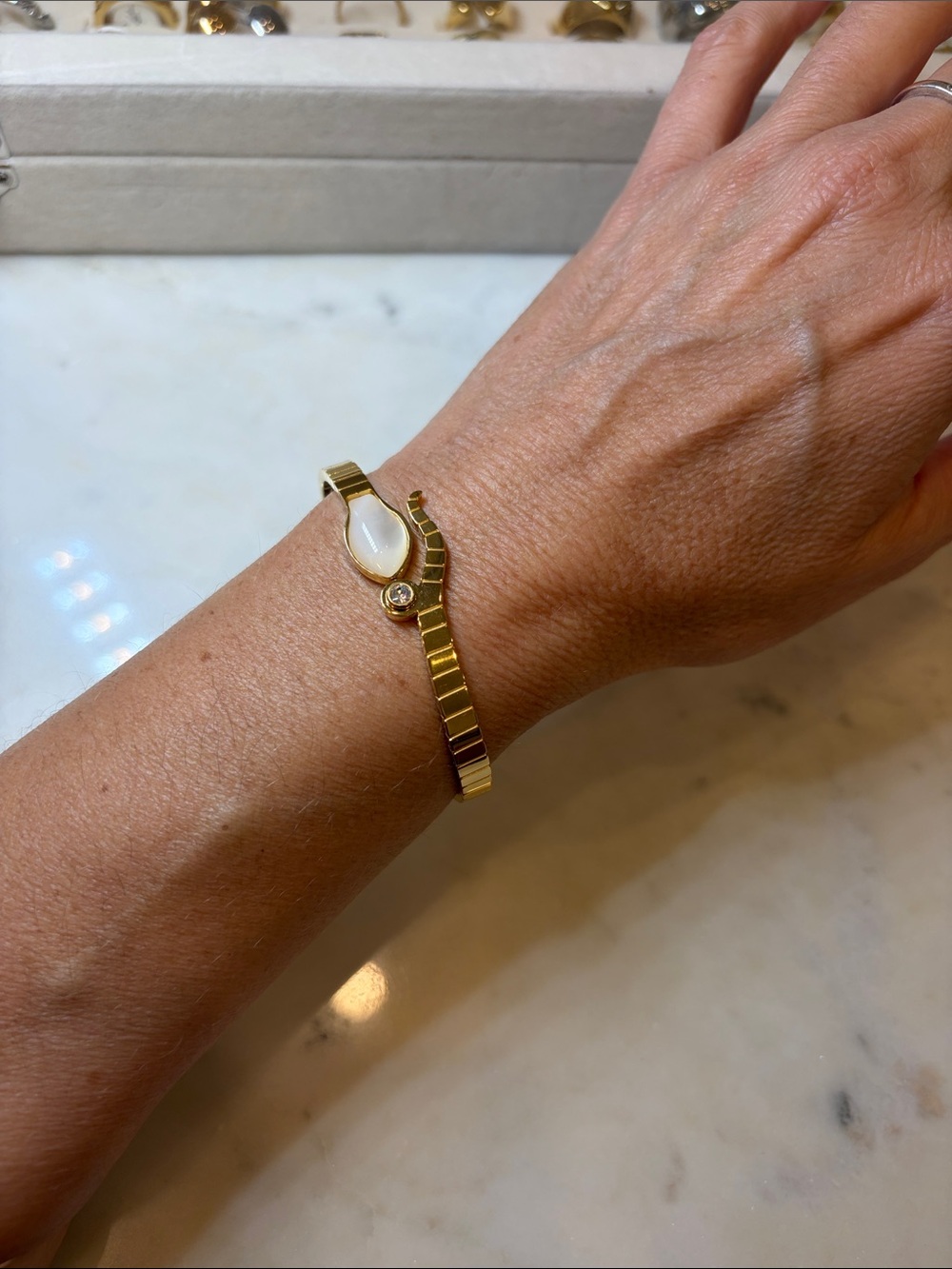 Gold Bracelet with White Stone Accent - Women Jewelry Stainless Steel.